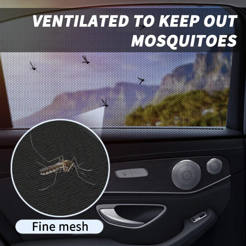 4-piece car side window sunshade set showing non-woven mesh material and elastic strip installation