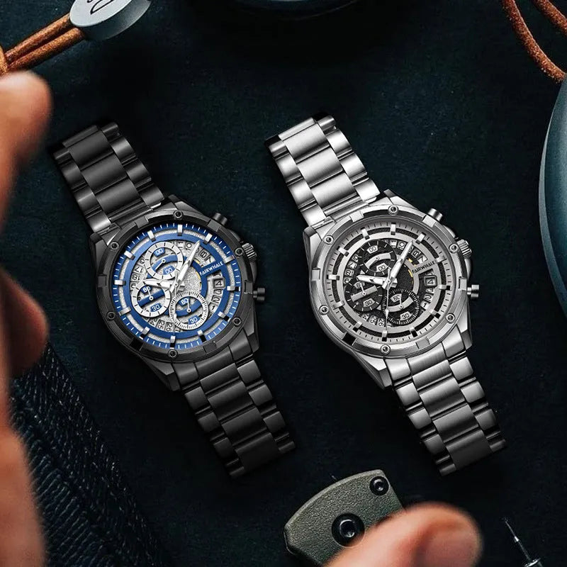 Men's waterproof quartz watch with luminous hands and steel band in black or silver case options