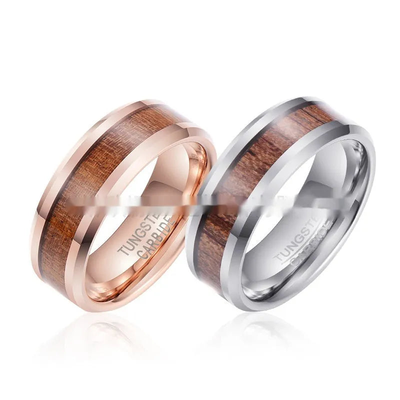 Men's Ugyen and leather ring with 8mm wide band, U-shaped design, in rose gold or steel colour.