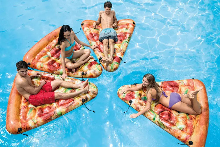 Pizza-themed inflatable surfboard recliner measuring 175cm for pool and beach use