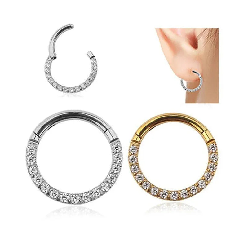 Stainless steel seamless nose ring in round shape showing colour options of black, gold, rose gold, and steel.
