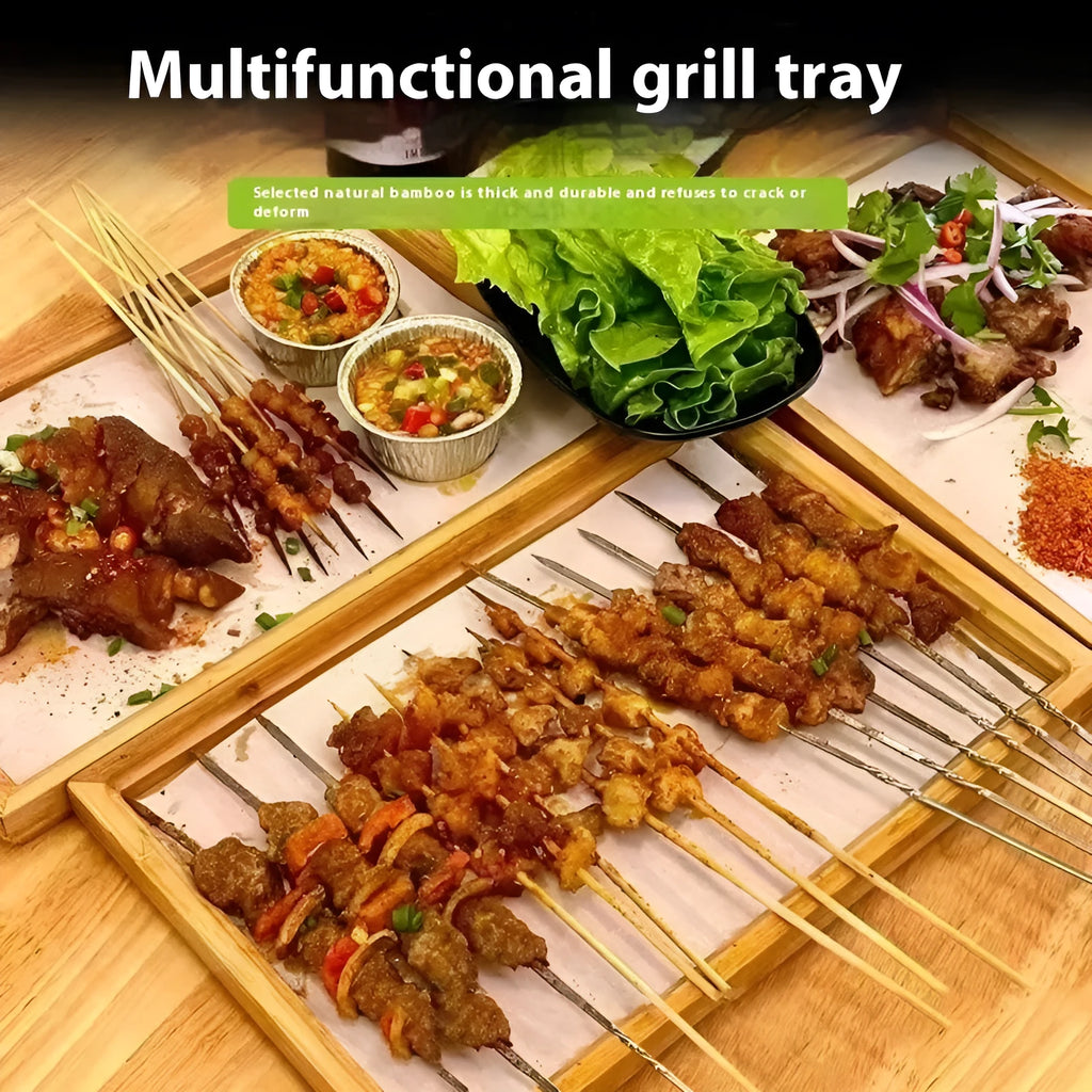 Square bamboo serving tray with brown handle on solid colour background