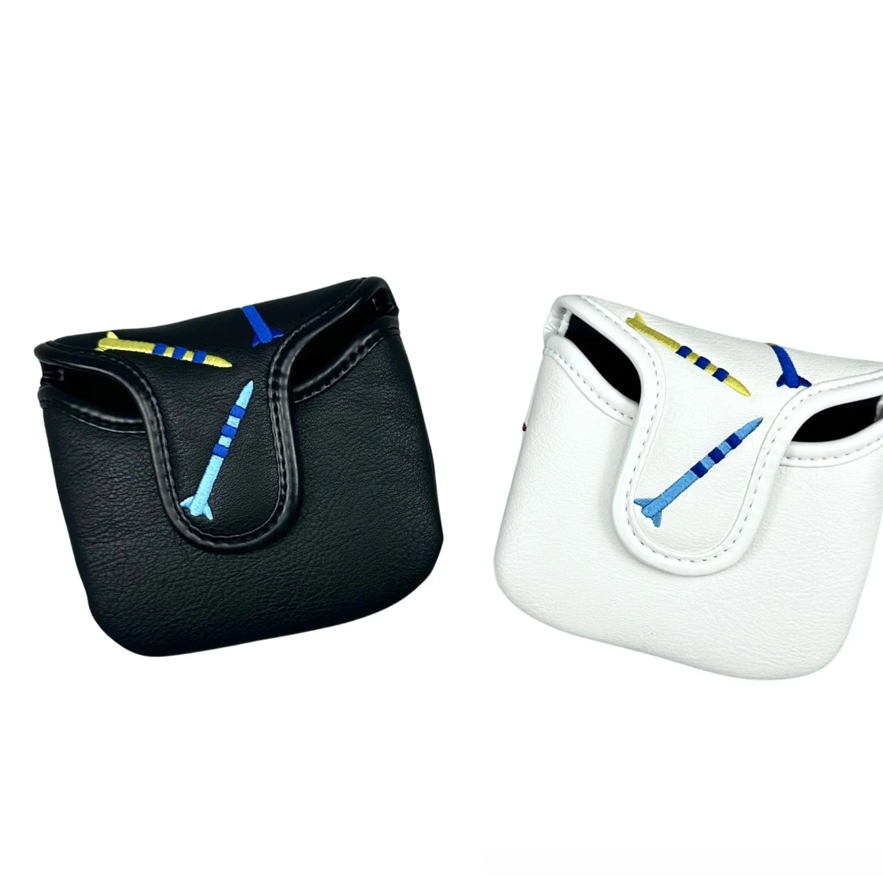 Square golf putter protective sleeve with rocket pattern design in black PU leather