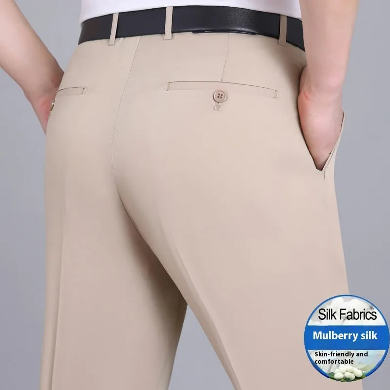Men's straight-leg high-waist business trousers in a mulberry silk blend fabric