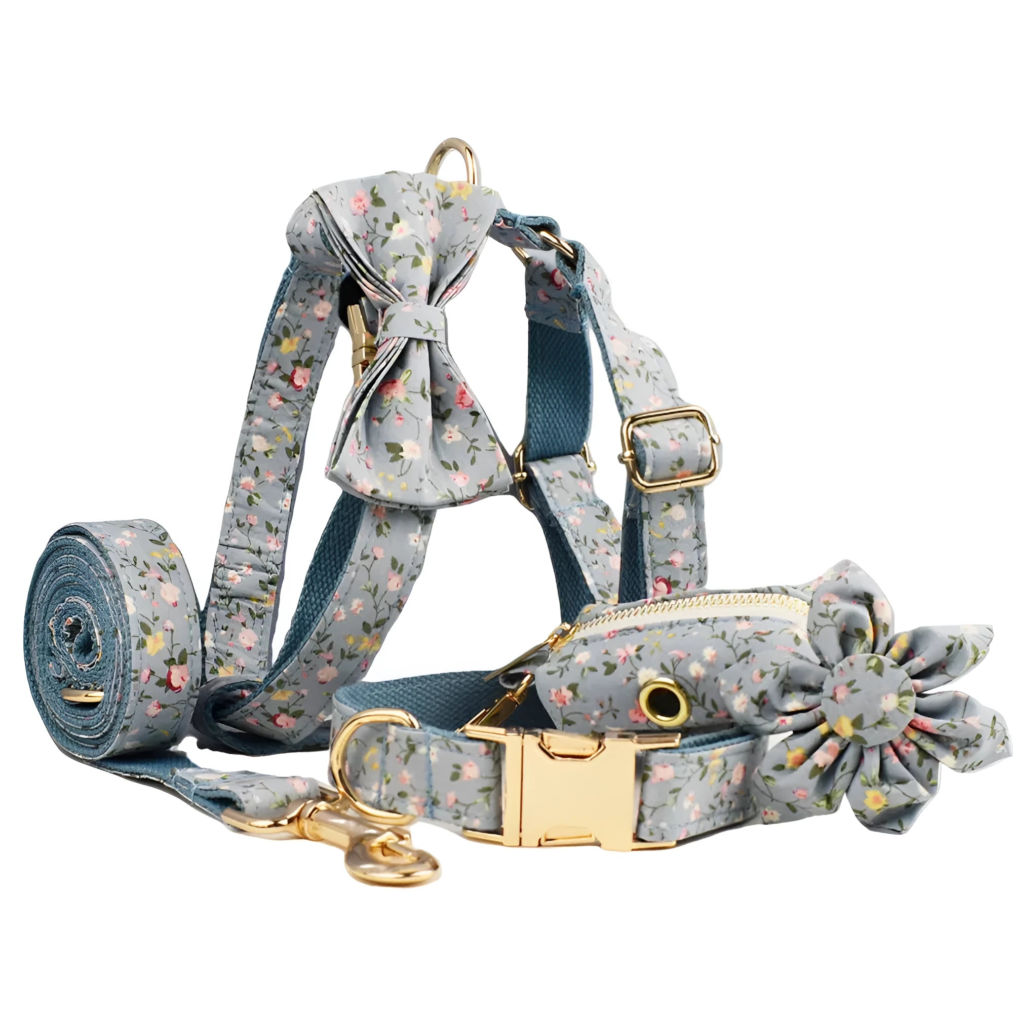 Blue floral pattern dog collar accessories set with adjustable collar, matching leash, bow, vest, and poop bag