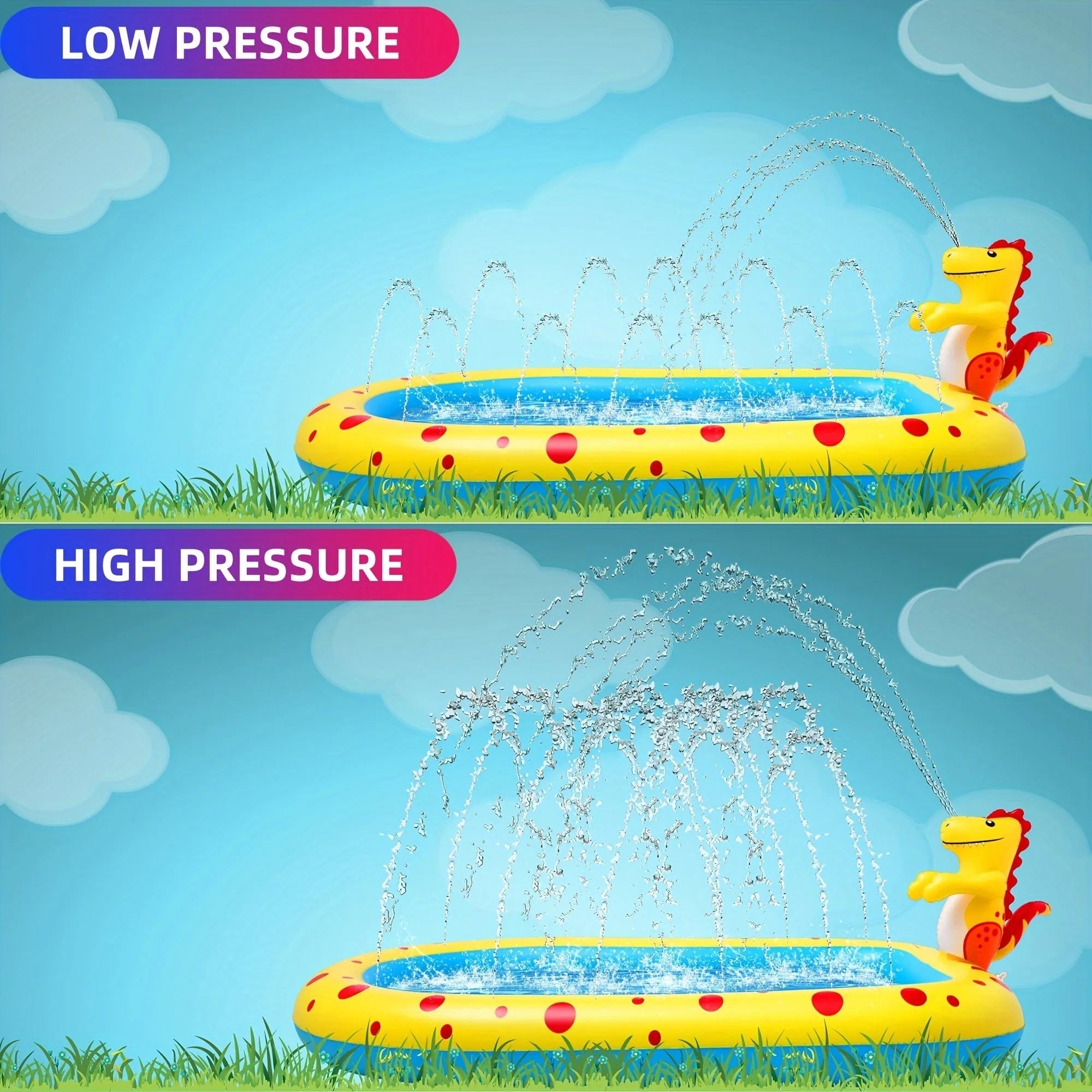 Blue dinosaur and shark inflatable water spray pool for kids outdoor play