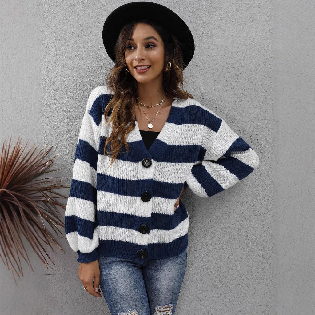 Women's striped button cardigan in deer plush fabric, shown in available colours.