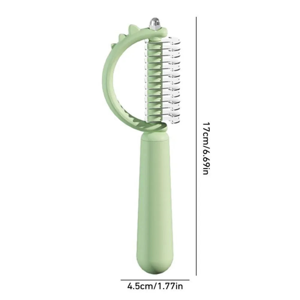 Blue dinosaur-shaped cat brush with self-cleaning button and stainless steel pins