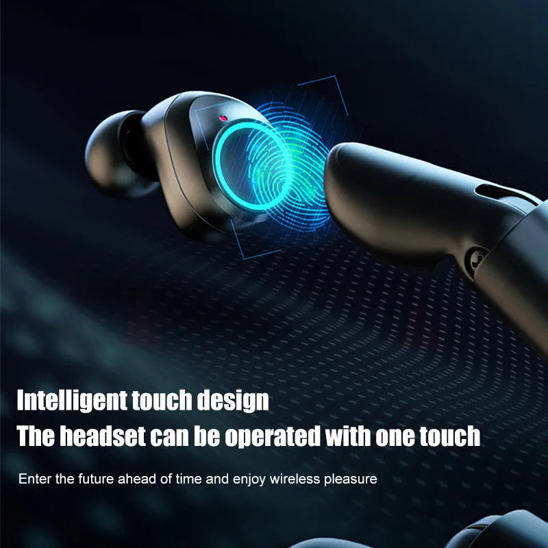 Black Bluetooth earplug headphones with charging case and protective covers