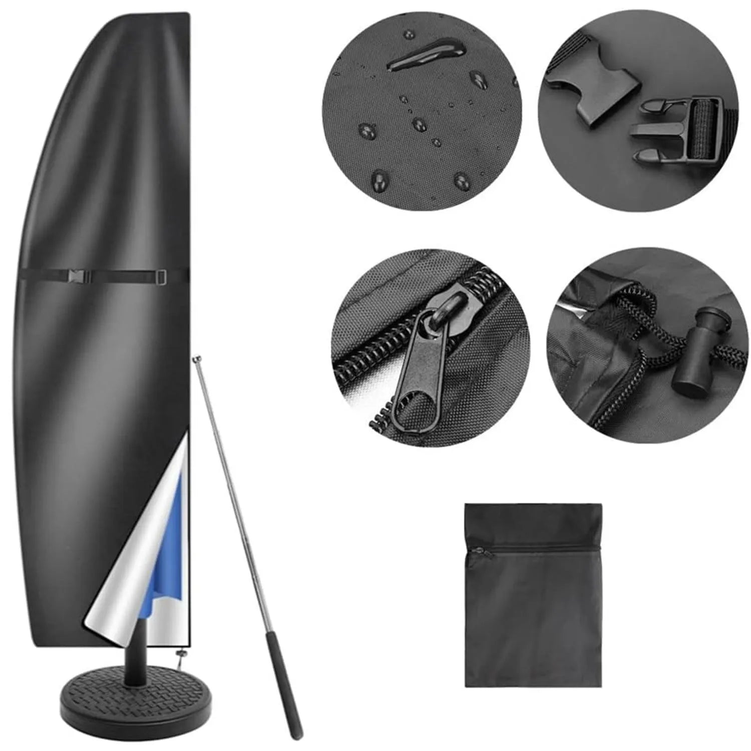 Black and grey Oxford cloth cover for an offset banana-shaped garden umbrella.