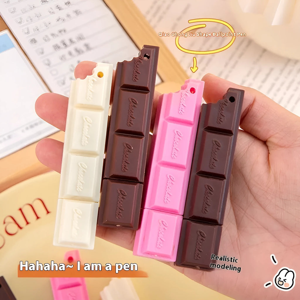 Chocolate ballpoint pen with cartoon simulation food design showing 0.5mm bullet tip and pink, beige, brown refill options.