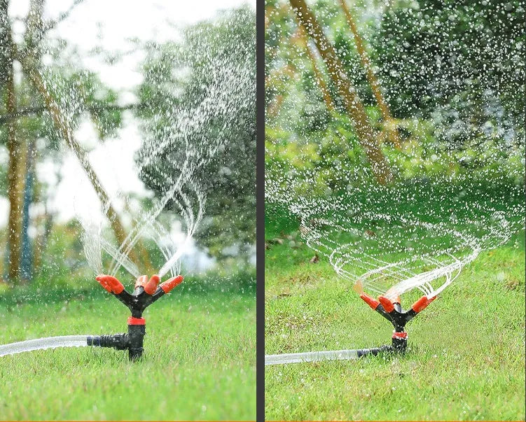 Orange plastic garden insert sprinkler with rotating water spray, 14 x 26.5cm, single nozzle
