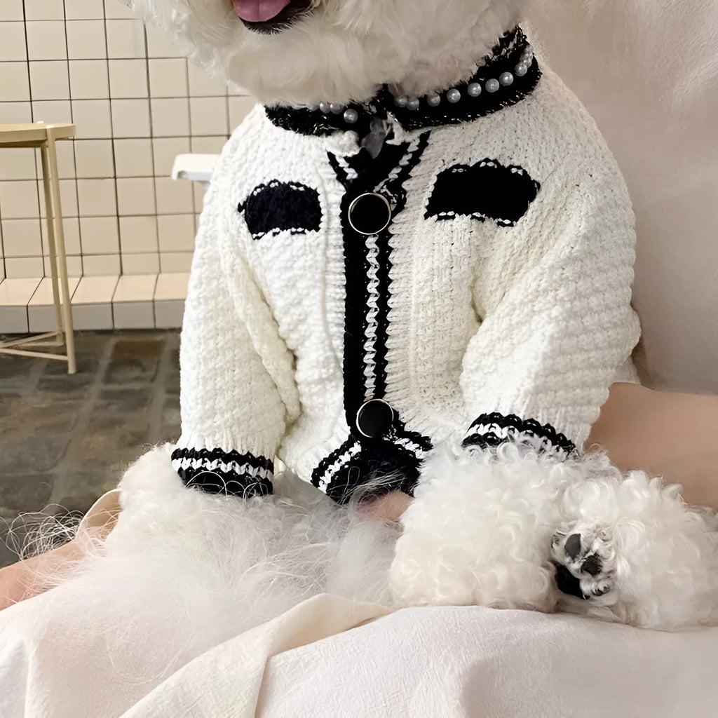 Korean style white puppy sweater with pearl collar for small dogs, size chart showing weight ranges
