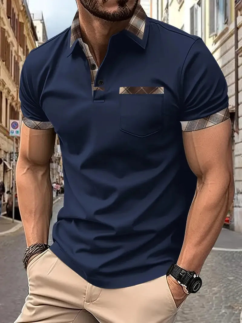 Man wearing a loose-fit plaid colourblock t-shirt with a zipper decoration detail on the front.