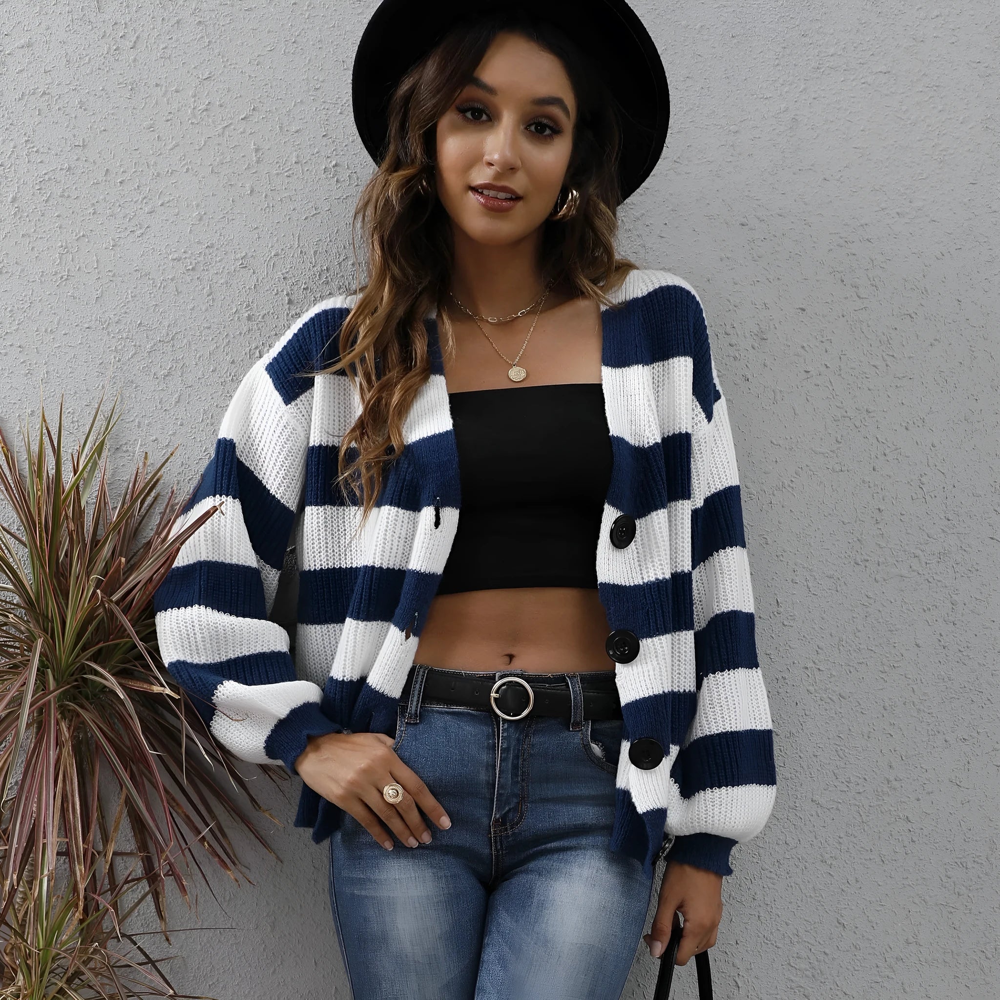 Women's striped button cardigan in deer plush fabric, shown in available colours.