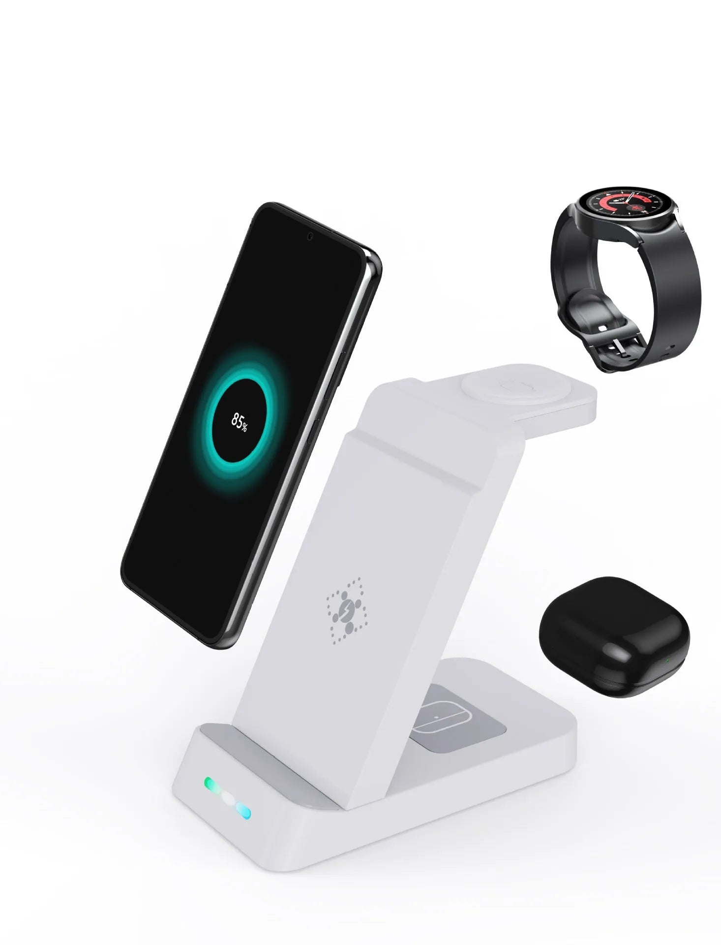Black 3-in-1 wireless charging station for phone, Apple Watch, and AirPods on a desk