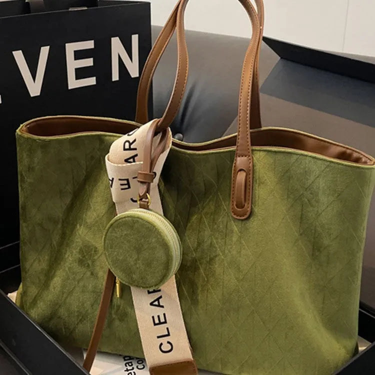 Soft polyester horizontal square tote shoulder bag with sandwich pockets in green colour option