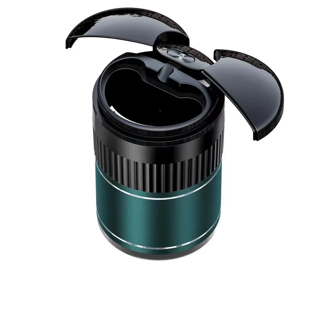 Automatic sensing metal smart ashtray with lid in black colour, showing compact 113mm x 72mm size