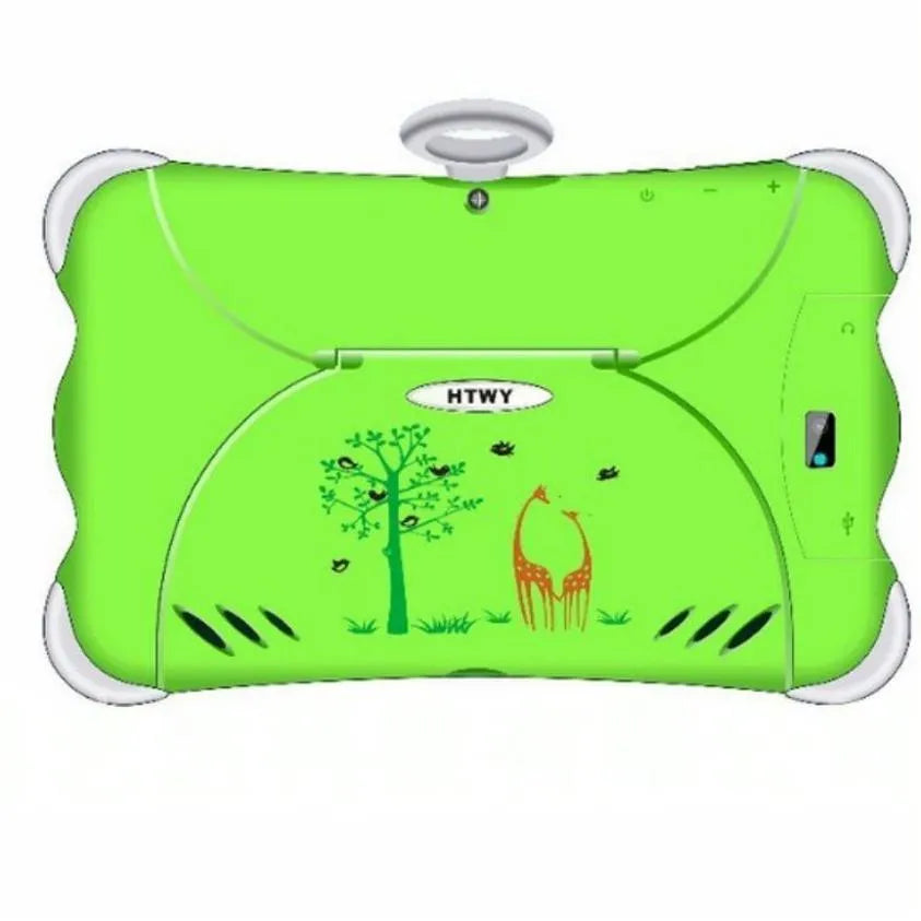Cartoon-coloured 7-inch children's learning tablet with integrated stand shown in use.