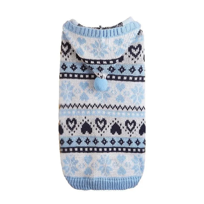 Pink striped camouflage dog sweater with snowflake design on a Bichon dog