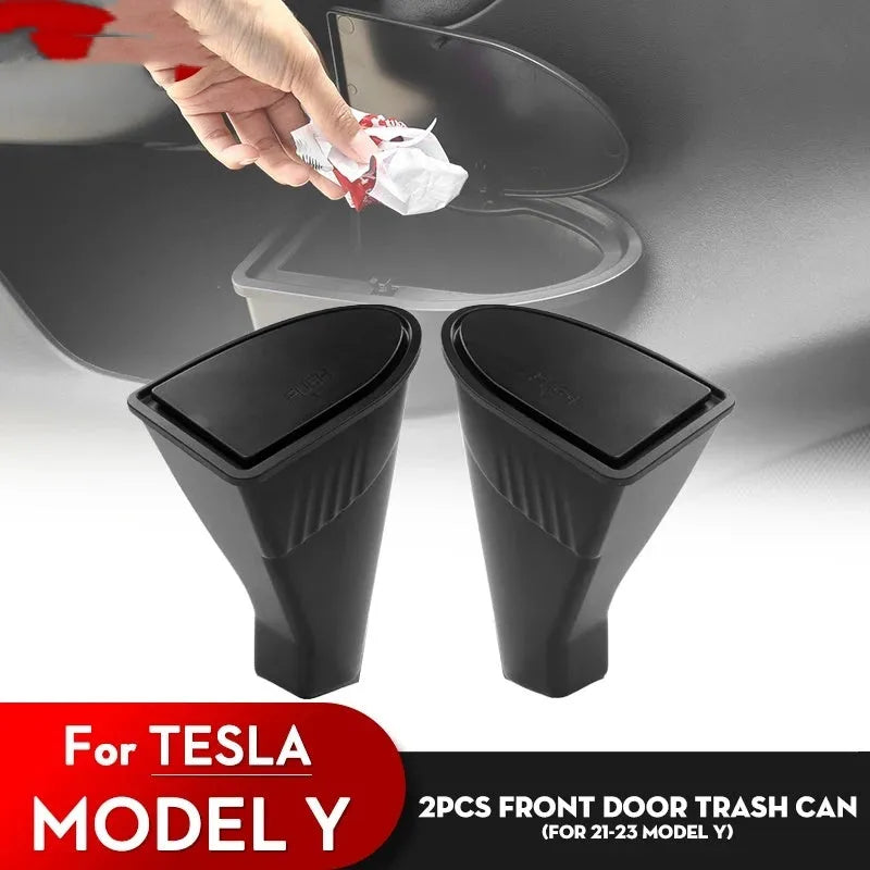 Two black plastic car door storage bins for Tesla Model Y front seat organisation.