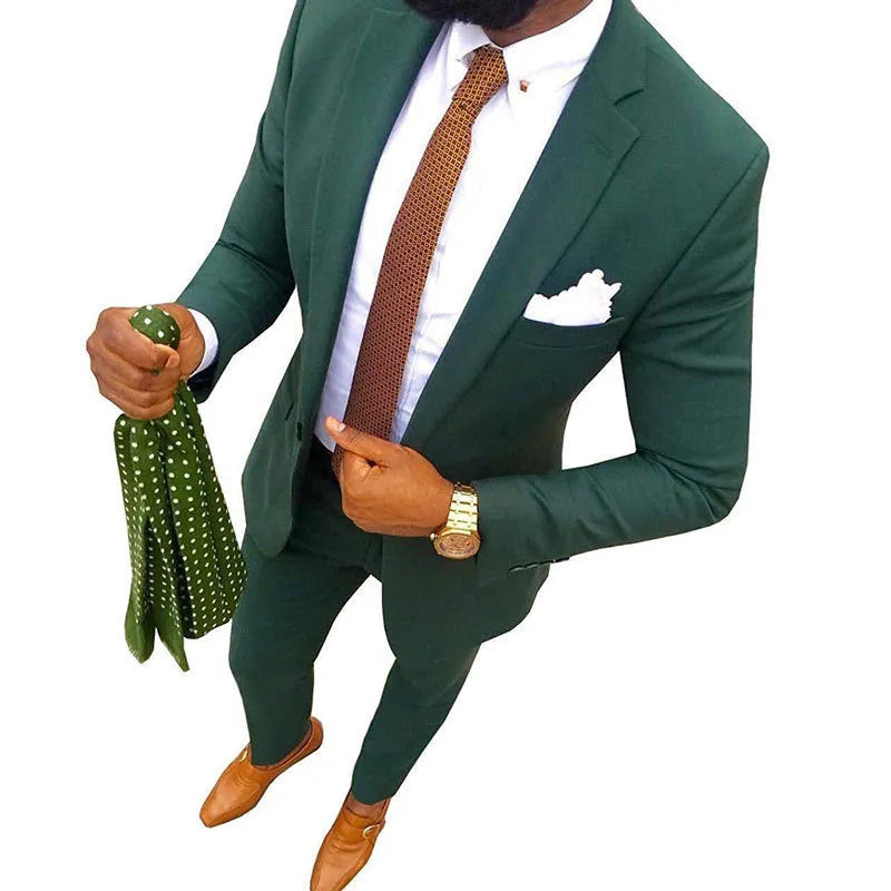Men's multi-colour cotton banquet suit with jacket and trousers on a hanger