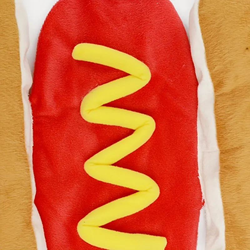 Small dog wearing a brown and yellow stuffed hot dog costume coat with S M L sizing options