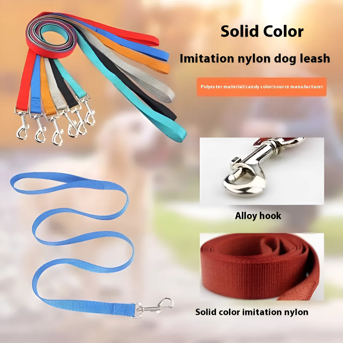 Solid colour polyester dog leash in a selection of colours including blue, black, and red, shown in a 120cm length.