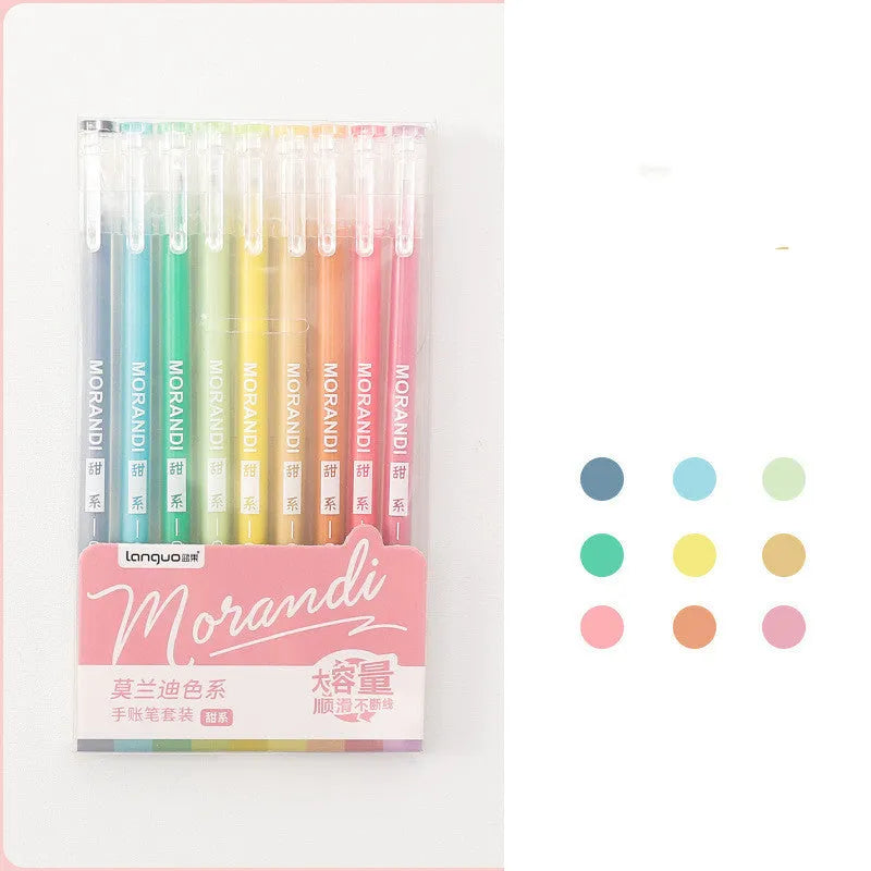 Set of nine retro style gel pens with 0.5mm needle tips in plastic casings on a notebook