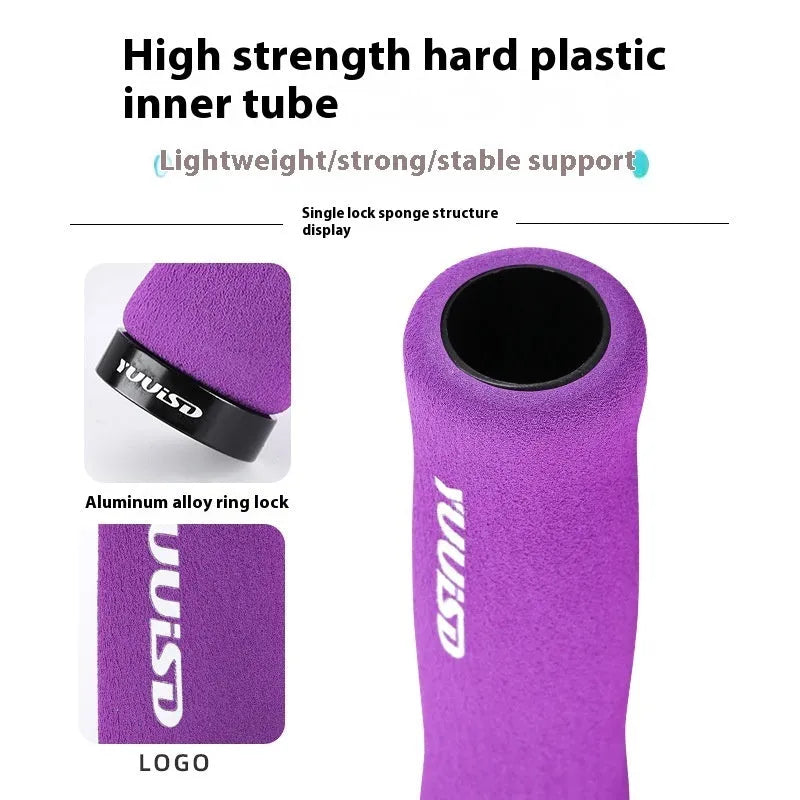 Sponge mountain bike handle covers in black, purple and biange colours showing ultra-light 41g construction