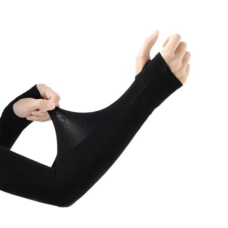 White viscose fibre driving sun protection sleeves with open-finger design showing forearm coverage