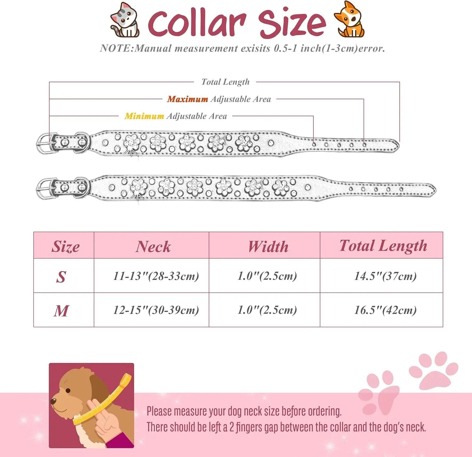 Adjustable black PU leather dog collar with rhinestone flower pattern and metal studs for small dogs.