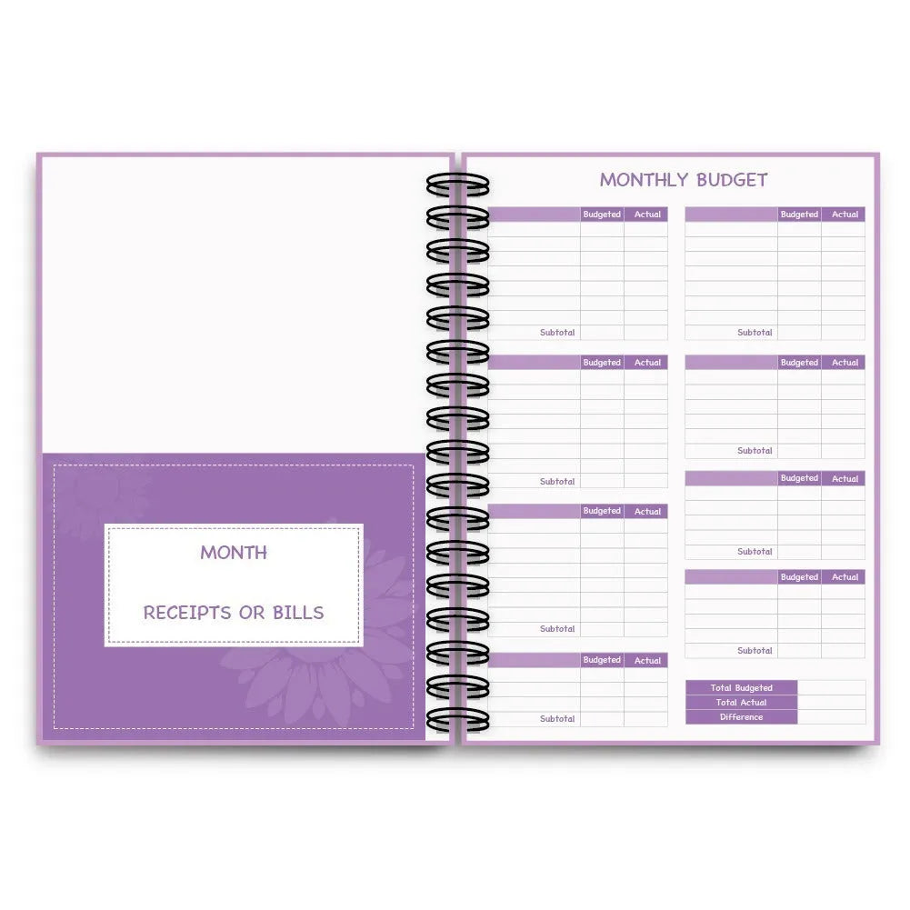 J12 Purple coil-bound financial planning notebook with Daolin paper, pen, stickers, and paper clips for monthly budgeting