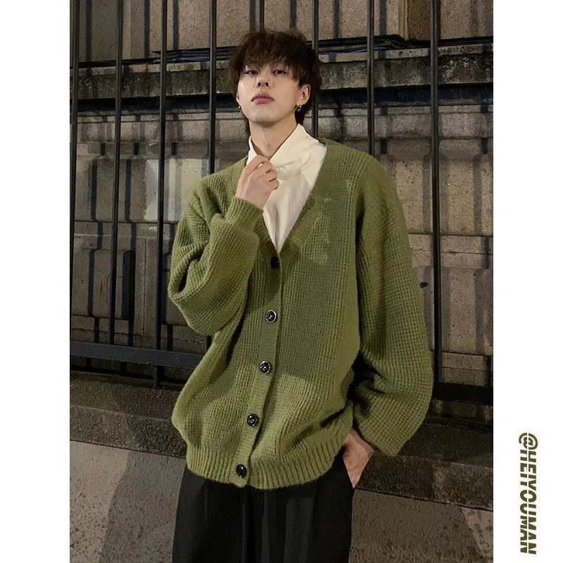 Men's loose fit V-neck knitting cardigan in army green, shown as a casual layered garment.