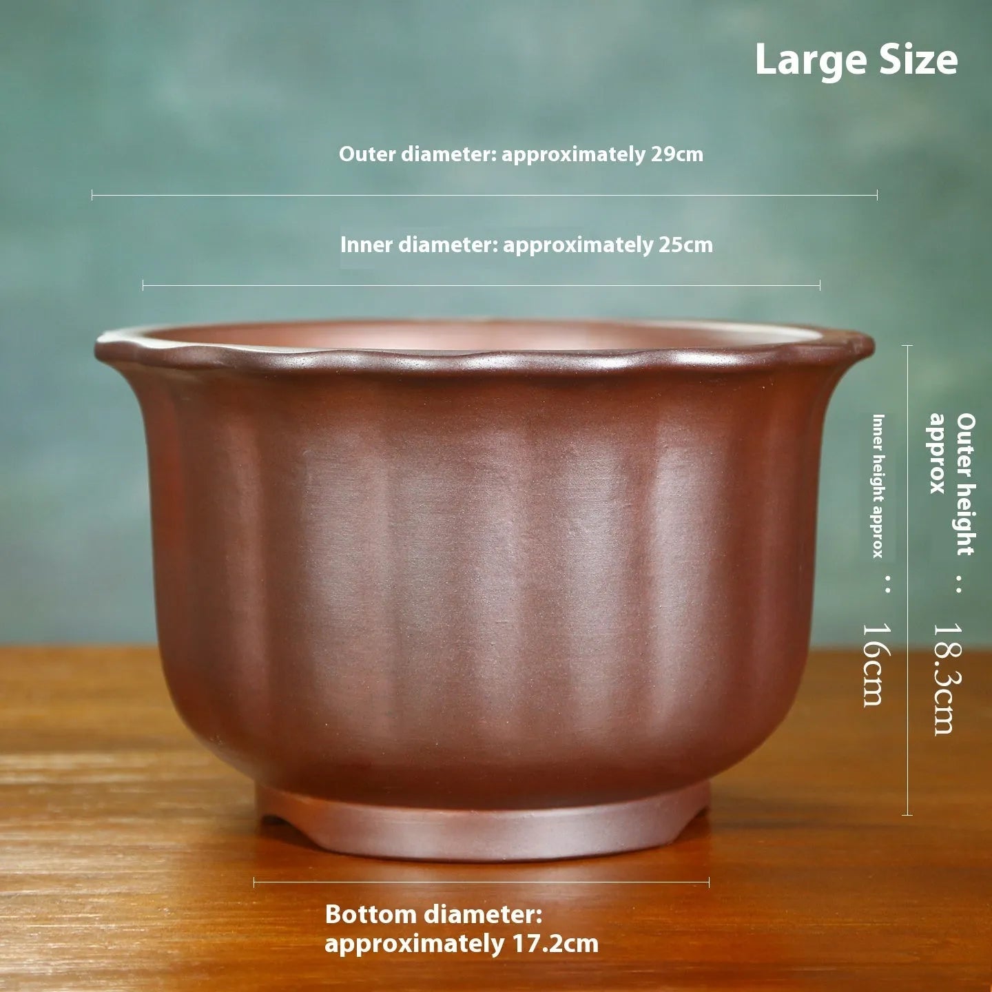 Antique carved purple sand ceramic flower pot with wood burning design, large bonsai basin size