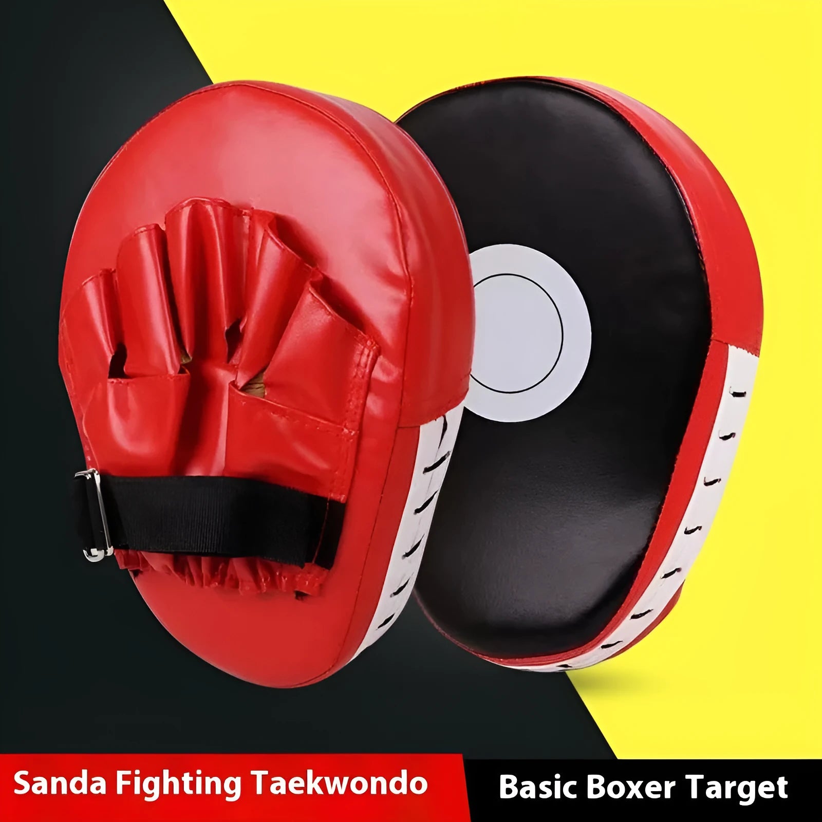 Boxing punch mitts set showing curved and flat hand target styles in red, black, blue, and yellow colour combinations.