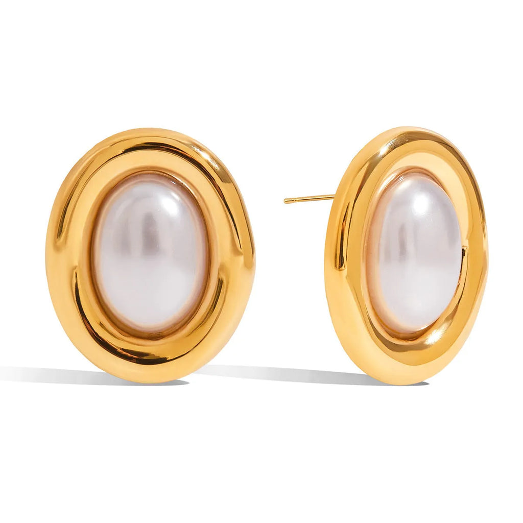 Pair of stainless steel vintage pearl ear studs with electroplated finish for women