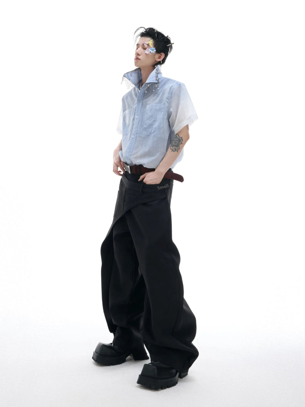 Men's blue and white gradient short-sleeve casual shirt on a hanger