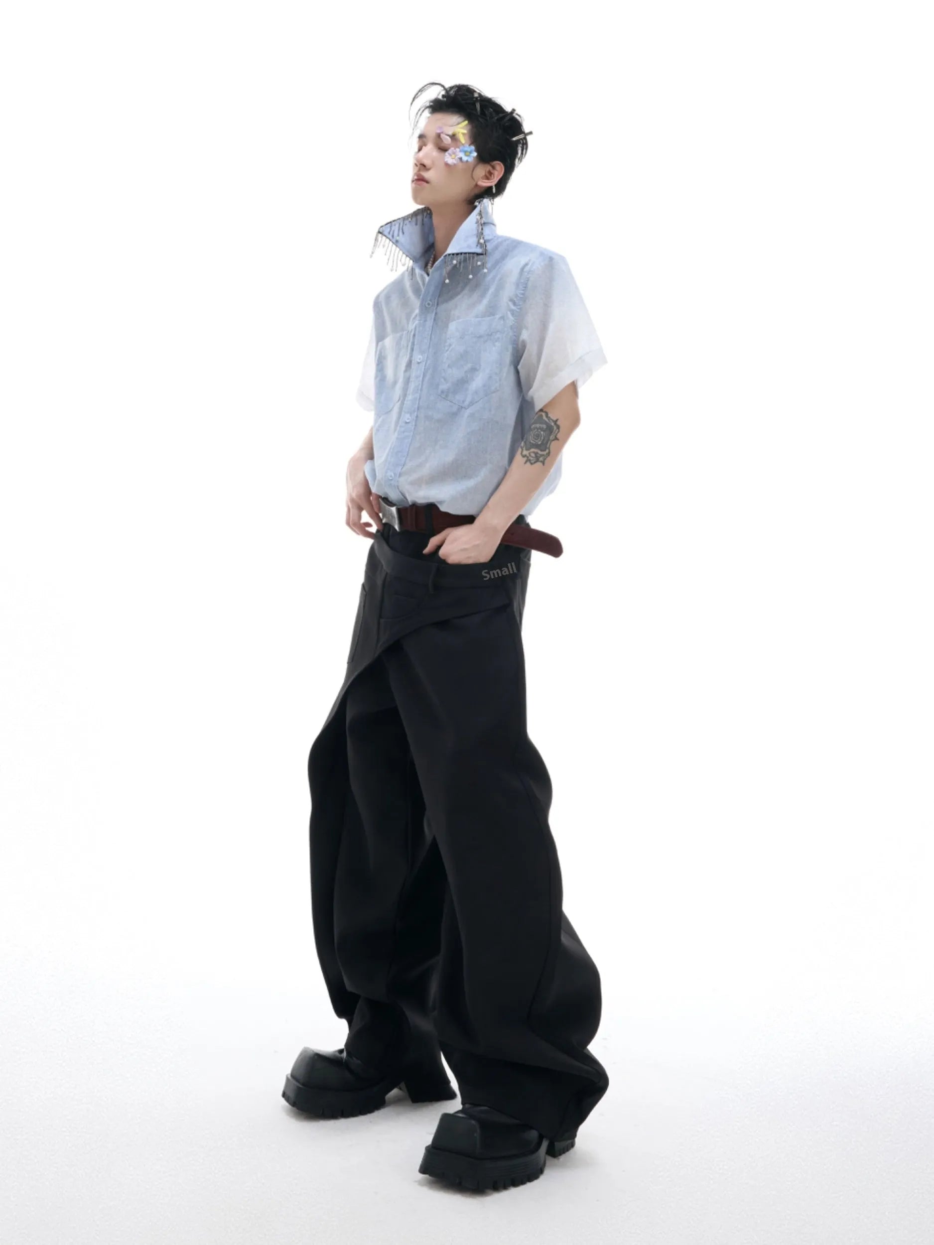 Men's blue and white gradient short-sleeve casual shirt on a hanger