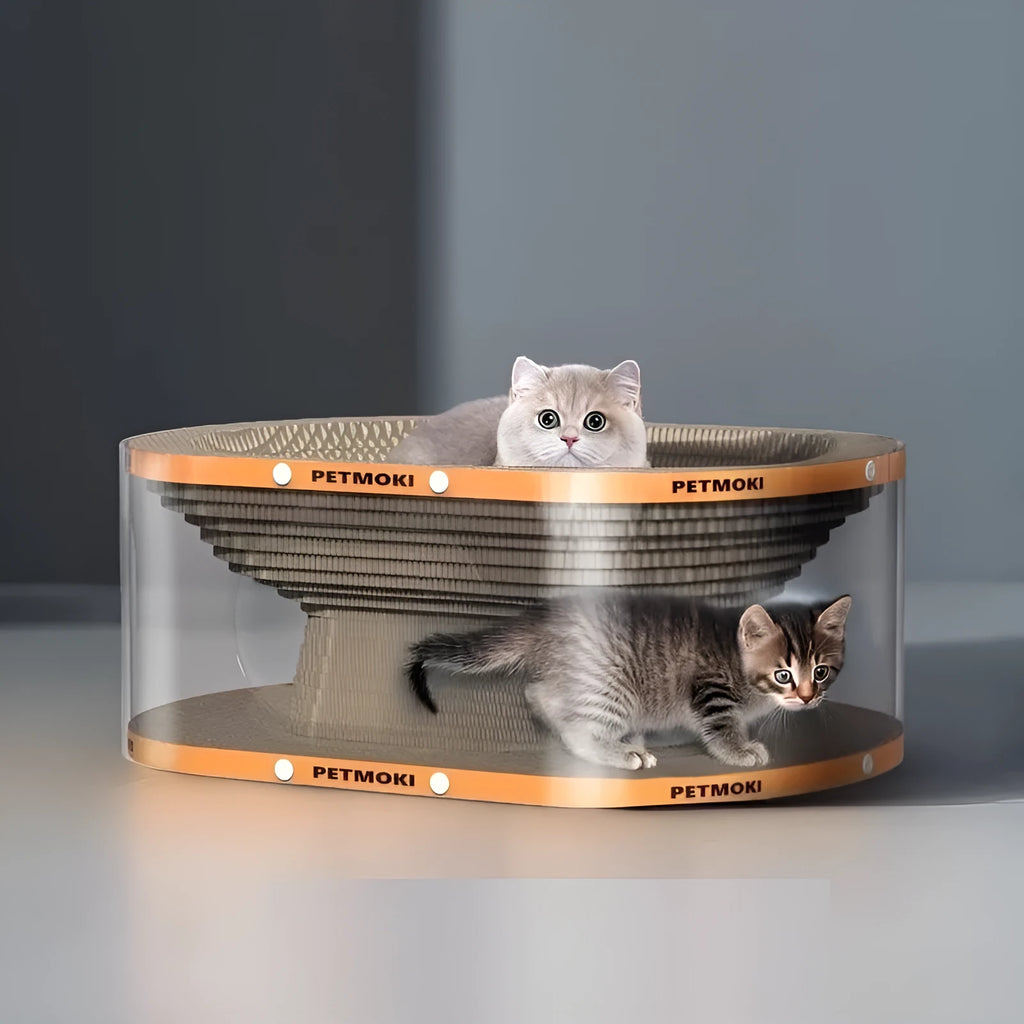 White transparent PVC cat tunnel with attached corrugated scratch board, 58cm long.