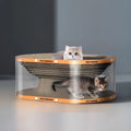 White transparent PVC cat tunnel with attached corrugated scratch board, 58cm long.