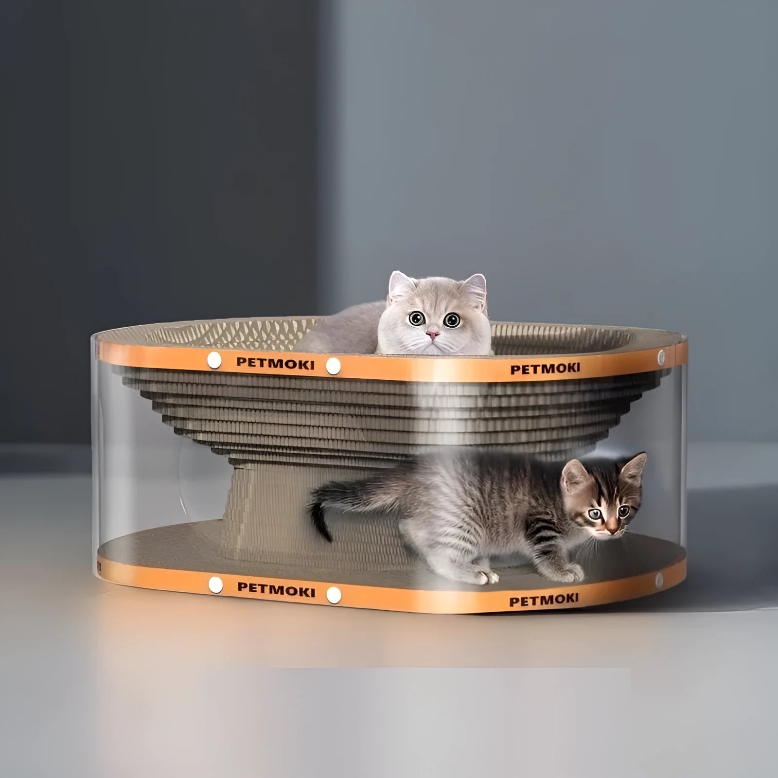 White transparent PVC cat tunnel with attached corrugated scratch board, 58cm long.