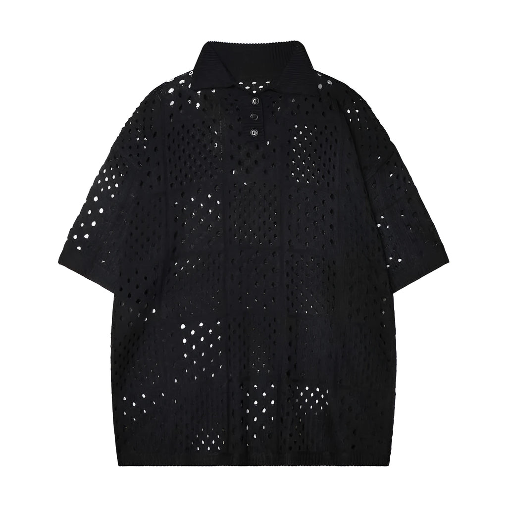 Black and white loose-fit cardigan-style short-sleeved polo shirt for teenagers on a hanger.