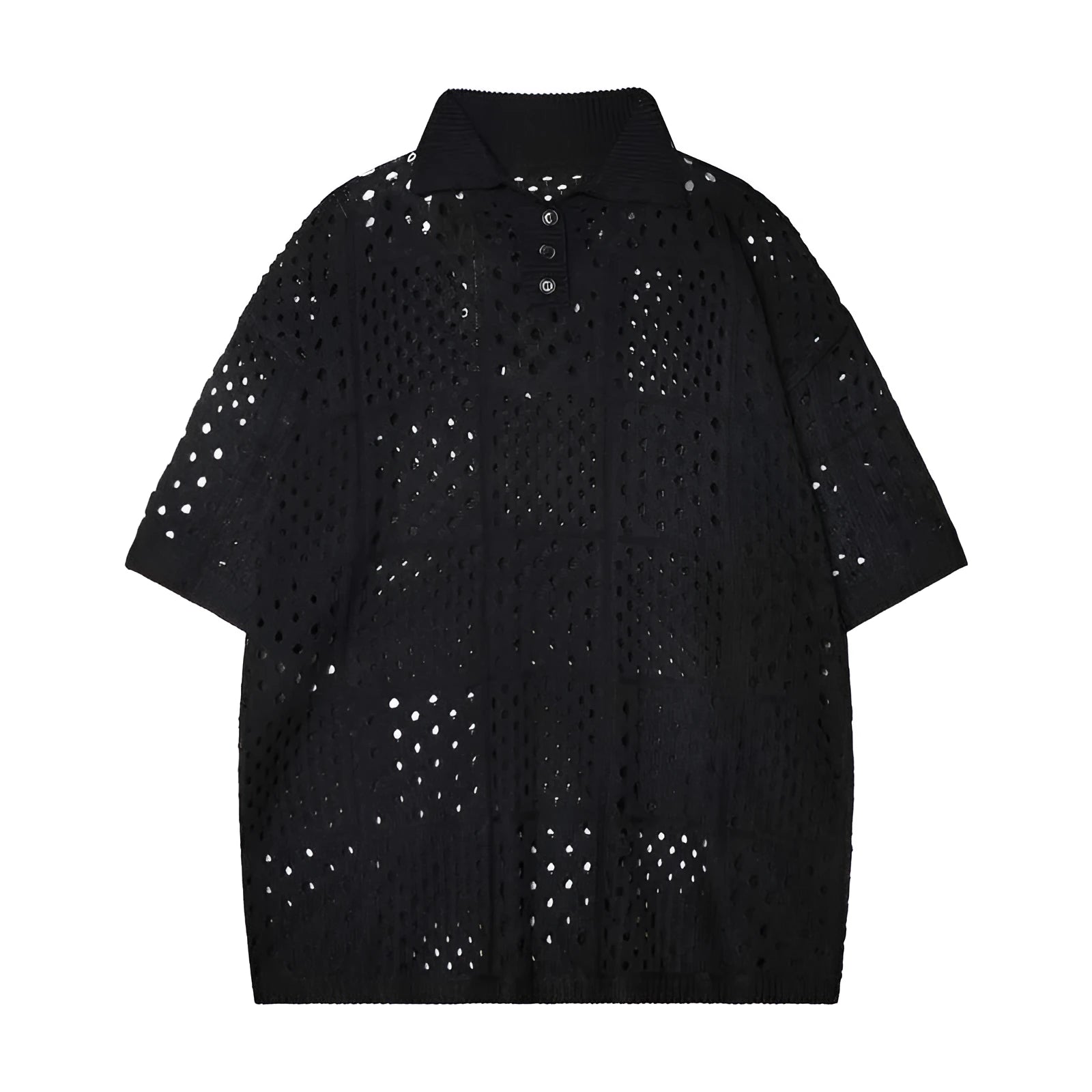 Black and white loose-fit cardigan-style short-sleeved polo shirt for teenagers on a hanger.