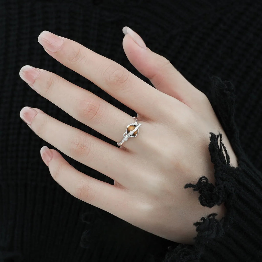 Saturn design adjustable silver open ring with white gold electroplating and tigereye pattern