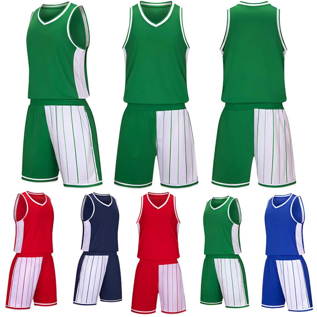 Men's basketball uniform set with top and shorts in polyester quick-drying fabric shown in blue colour