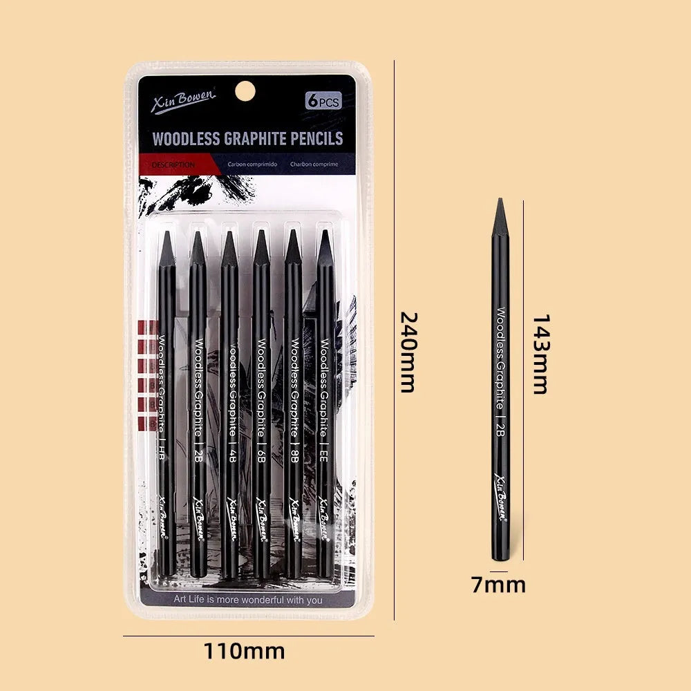 Set of wood-free graphite sketching pencils showing six different hardness grades including HB 2B 4B 6B 8B and EE