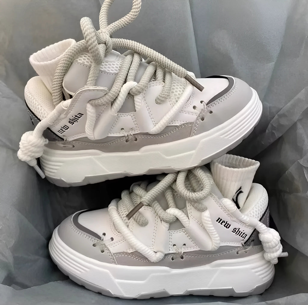 Women's grey retro sneakers with thick rubber sole and 6-8cm wedge heel for height increase