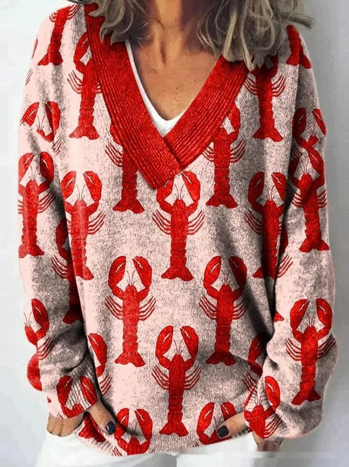 Women's V-neck long sleeve sweatshirt with a white-based 3D floral print pattern.