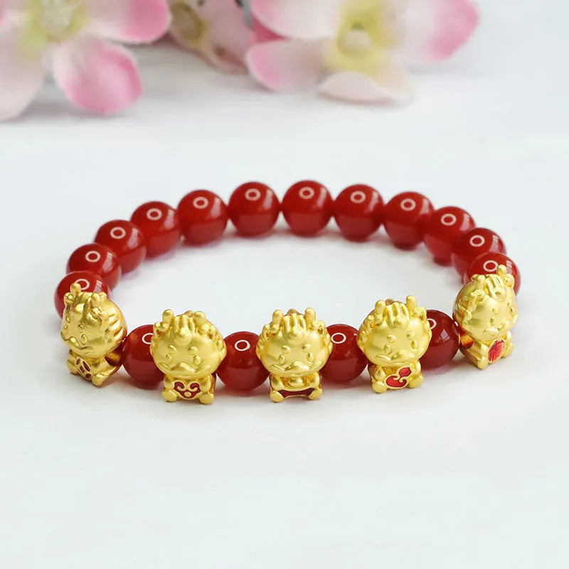 Red agate bracelet with Chinese dragon charm design showing 8mm beads